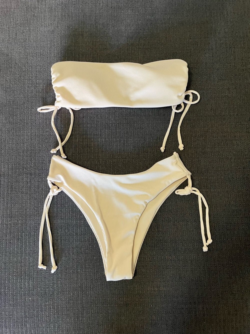 Beige Ribbed Tie-Side Bandeau Bikini Set